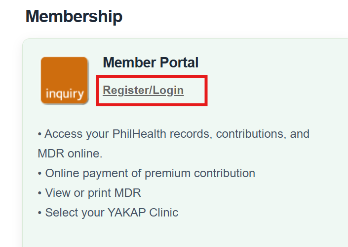 PhilHealth Member Portal Register or Login button