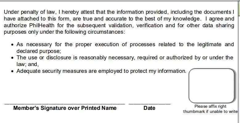 Signing or providing a thumbmark on the PMRF declaration section