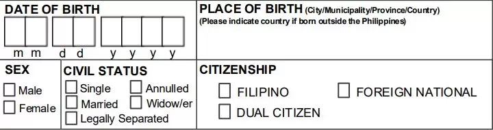 Filling in date of birth, place of birth, sex, civil status, and citizenship on the PMRF