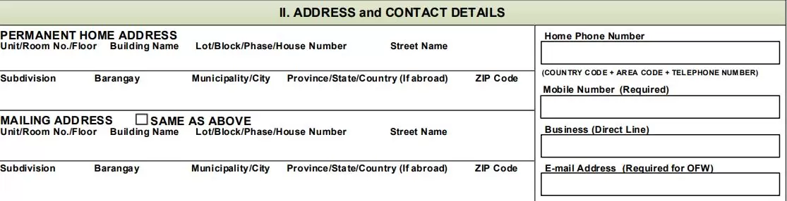 Permanent and mailing address plus contact information fields on the PMRF