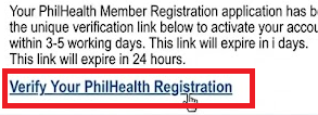 Clicking the PhilHealth email verification link to continue online registration