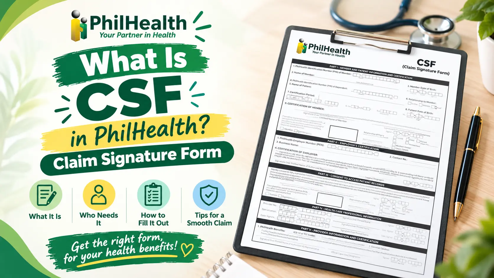 PhilHealth Claim Signature Form (CSF) showing Part I member and patient information, revised September 2018